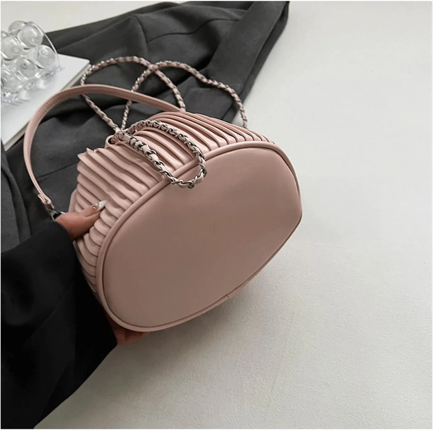 Mini Bucket Bag Pleated Leather Bucket Purse Vintage Purse Bag with Drawstring Crossbody Small Handbag