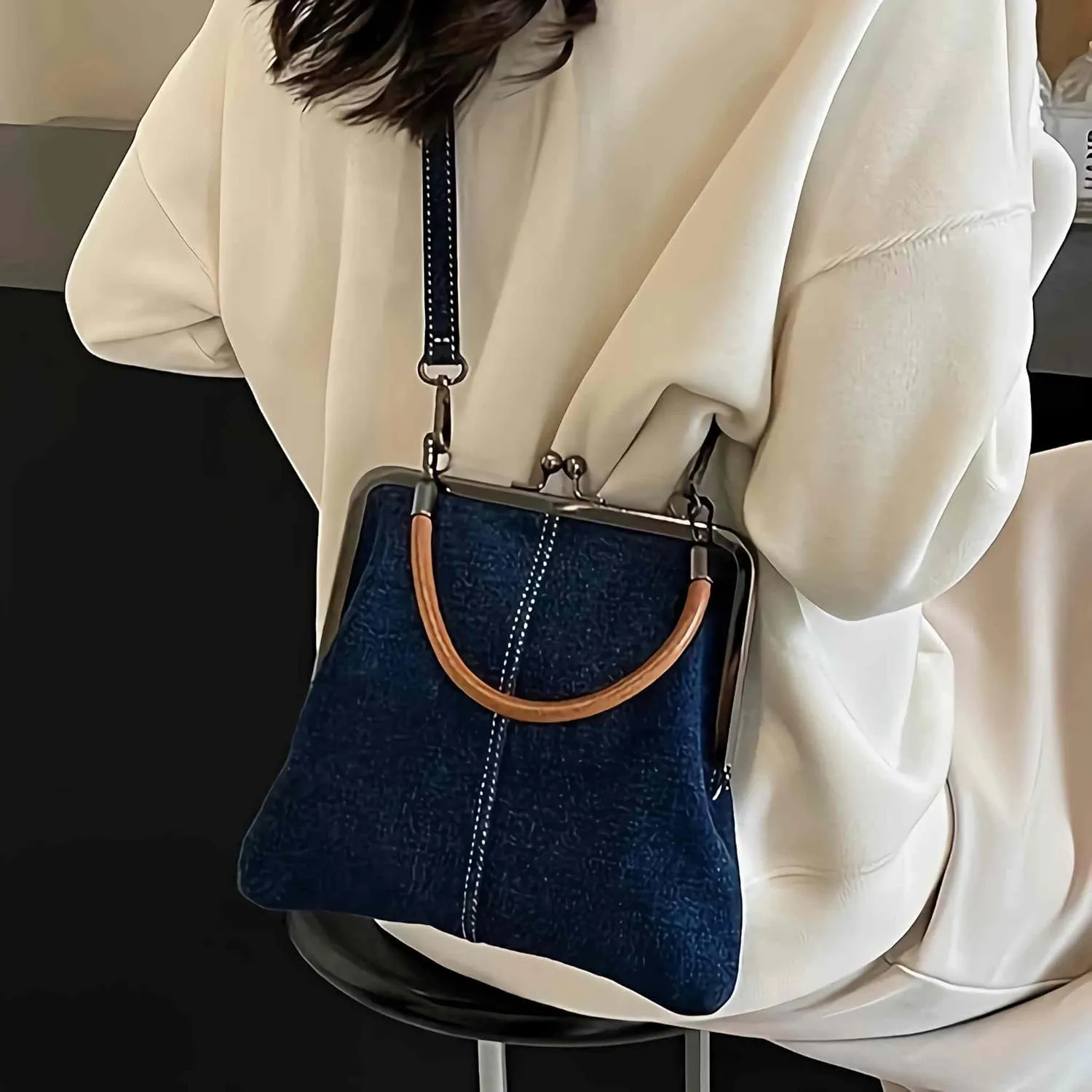 Mini Denim Crossbody Bag For Women,2025 Womens Small Blue Denim Tote Kiss Lock Purse Handbag for Daily Life