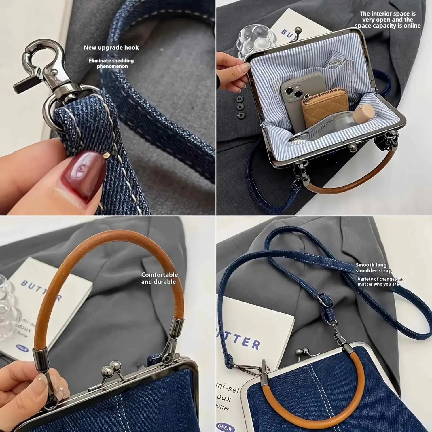 Mini Denim Crossbody Bag For Women,2025 Womens Small Blue Denim Tote Kiss Lock Purse Handbag for Daily Life