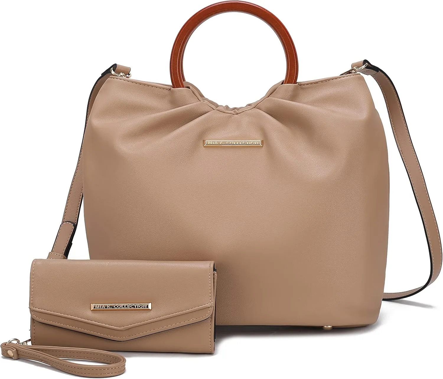 MKF Collection Tote Bag Set for Women, Vegan Leather Circular Wooden Top-Handle Shoulder Handbag Purse With Wristlet Wallet