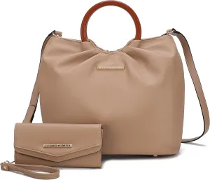 MKF Collection Tote Bag Set for Women, Vegan Leather Circular Wooden Top-Handle Shoulder Handbag Purse With Wristlet Wallet