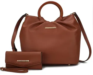 MKF Collection Tote Bag Set for Women, Vegan Leather Circular Wooden Top-Handle Shoulder Handbag Purse With Wristlet Wallet