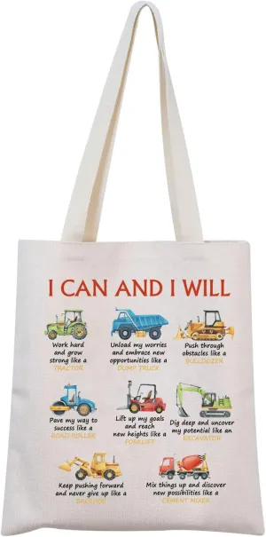 MNIGIU Construction Trucks Themed Tote Bag - I CAN AND I WILL - Beige, Medium, Water Resistant, Durable - Unisex-Adults