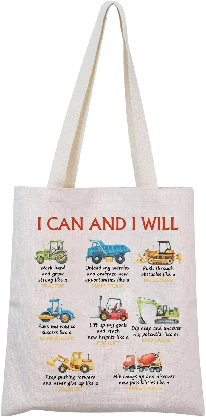 MNIGIU Construction Trucks Themed Tote Bag - I CAN AND I WILL - Beige, Medium, Water Resistant, Durable - Unisex-Adults