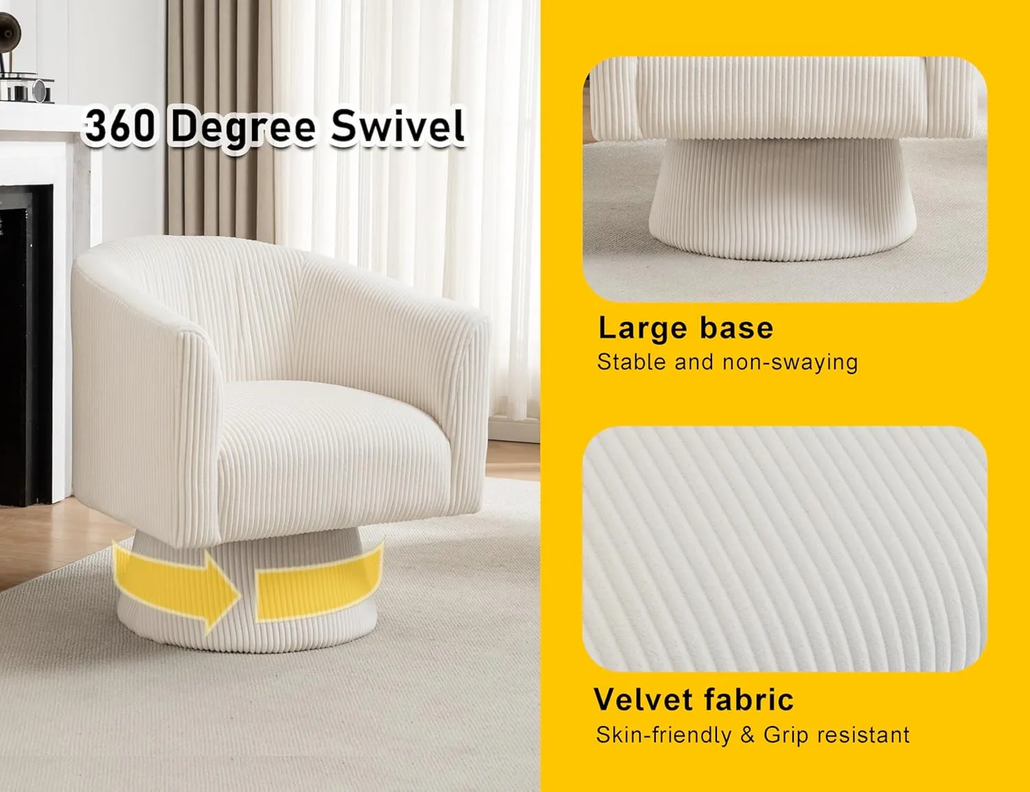 Modern 360 Degree Corduroy Swivel Cuddle Barrel Accent Sofa Chairs, Round Armchairs with Wide Upholstered, Corduroy Reading Chair for Living Room, Bedroom, Office, Waiting Rooms (Beige)