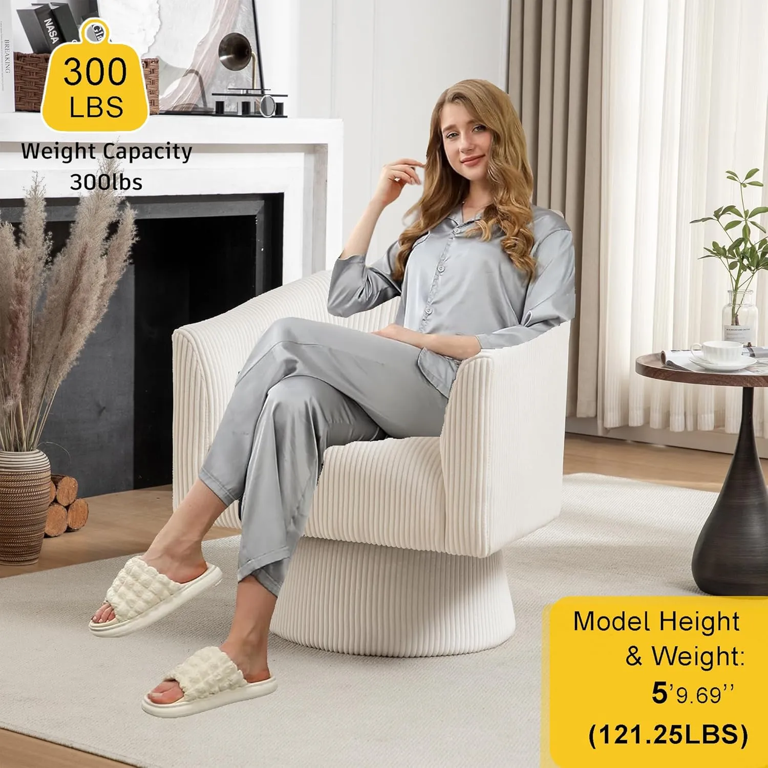 Modern 360 Degree Corduroy Swivel Cuddle Barrel Accent Sofa Chairs, Round Armchairs with Wide Upholstered, Corduroy Reading Chair for Living Room, Bedroom, Office, Waiting Rooms (Beige)