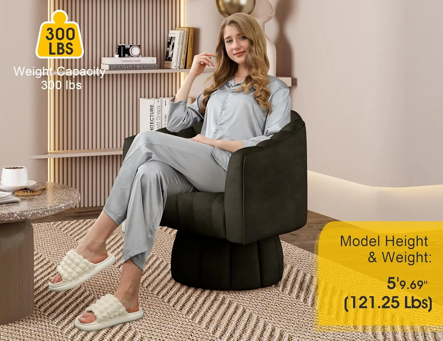 Modern 360 Degree Leather Swivel Cuddle Barrel Accent Sofa Chairs, Round Armchairs with Wide Upholstered, Leather Reading Chair for Living Room, Bedroom, Office, Waiting Rooms, (Black)