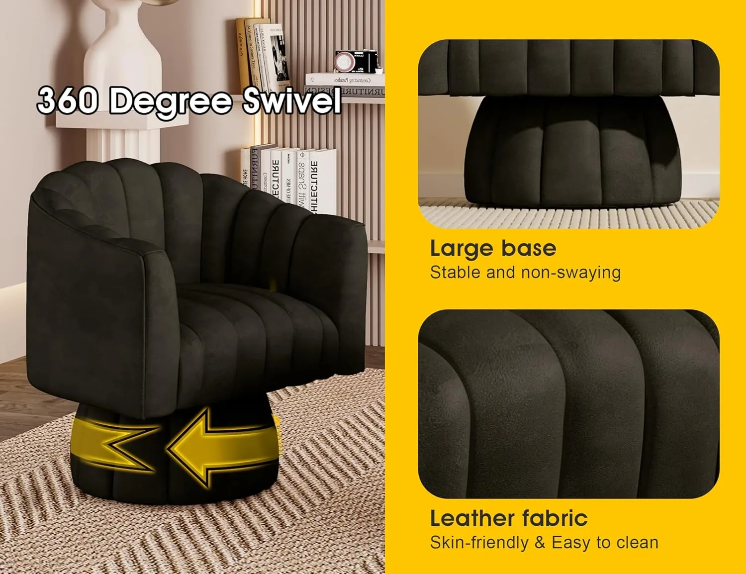 Modern 360 Degree Leather Swivel Cuddle Barrel Accent Sofa Chairs, Round Armchairs with Wide Upholstered, Leather Reading Chair for Living Room, Bedroom, Office, Waiting Rooms, (Black)