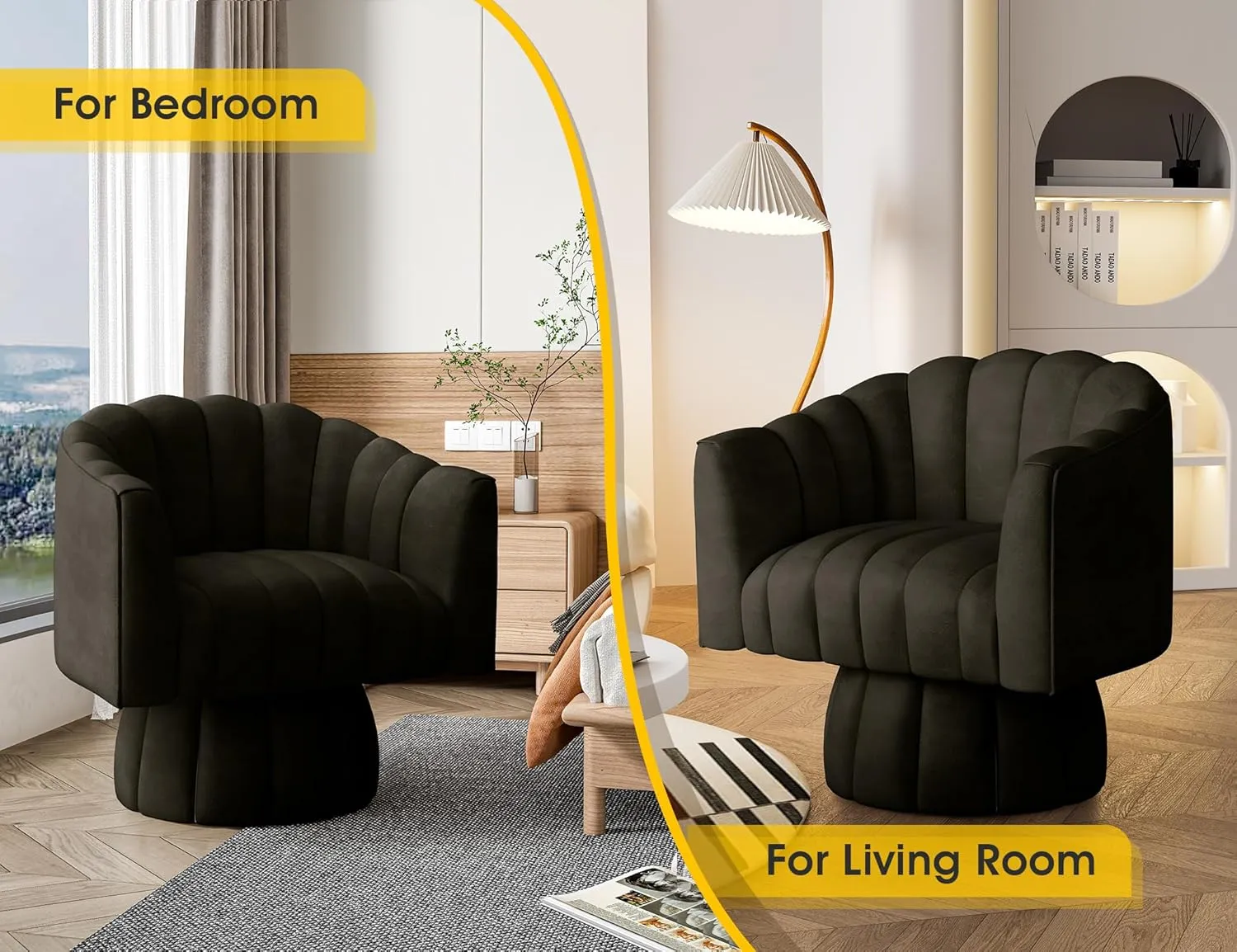 Modern 360 Degree Leather Swivel Cuddle Barrel Accent Sofa Chairs, Round Armchairs with Wide Upholstered, Leather Reading Chair for Living Room, Bedroom, Office, Waiting Rooms, (Black)