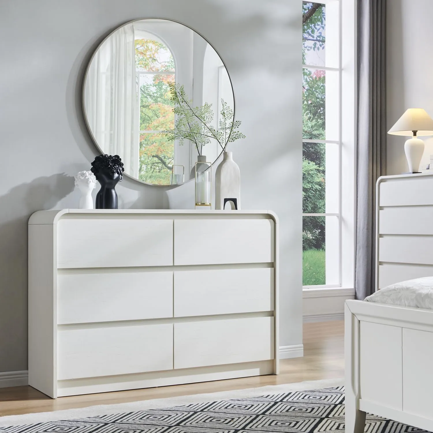 Modern Sideboard Buffet Cabinet with 6 Storage Drawers, 47" Wide Large Kitchen Buffet Cabinet w/Curved Profile Design, 33.8'' Tall Wood Coffee Bar Table for Dining Room, Antique White