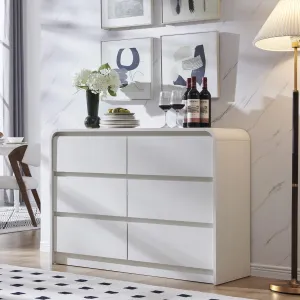 Modern Sideboard Buffet Cabinet with 6 Storage Drawers, 47" Wide Large Kitchen Buffet Cabinet w/Curved Profile Design, 33.8'' Tall Wood Coffee Bar Table for Dining Room, Antique White