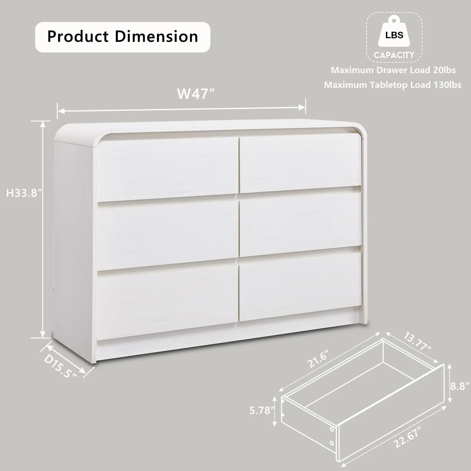 Modern Sideboard Buffet Cabinet with 6 Storage Drawers, 47" Wide Large Kitchen Buffet Cabinet w/Curved Profile Design, 33.8'' Tall Wood Coffee Bar Table for Dining Room, Antique White