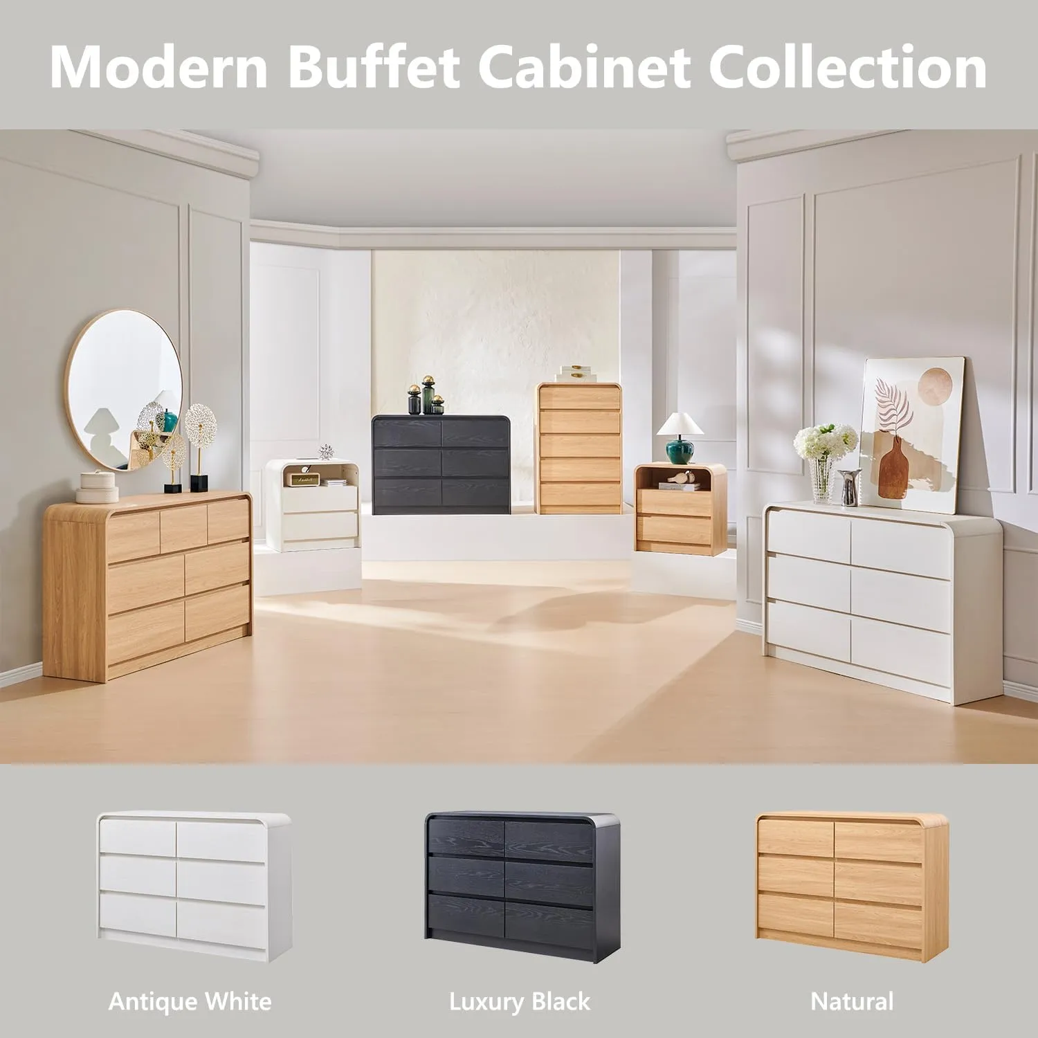 Modern Sideboard Buffet Cabinet with 6 Storage Drawers, 47" Wide Large Kitchen Buffet Cabinet w/Curved Profile Design, 33.8'' Tall Wood Coffee Bar Table for Dining Room, Antique White
