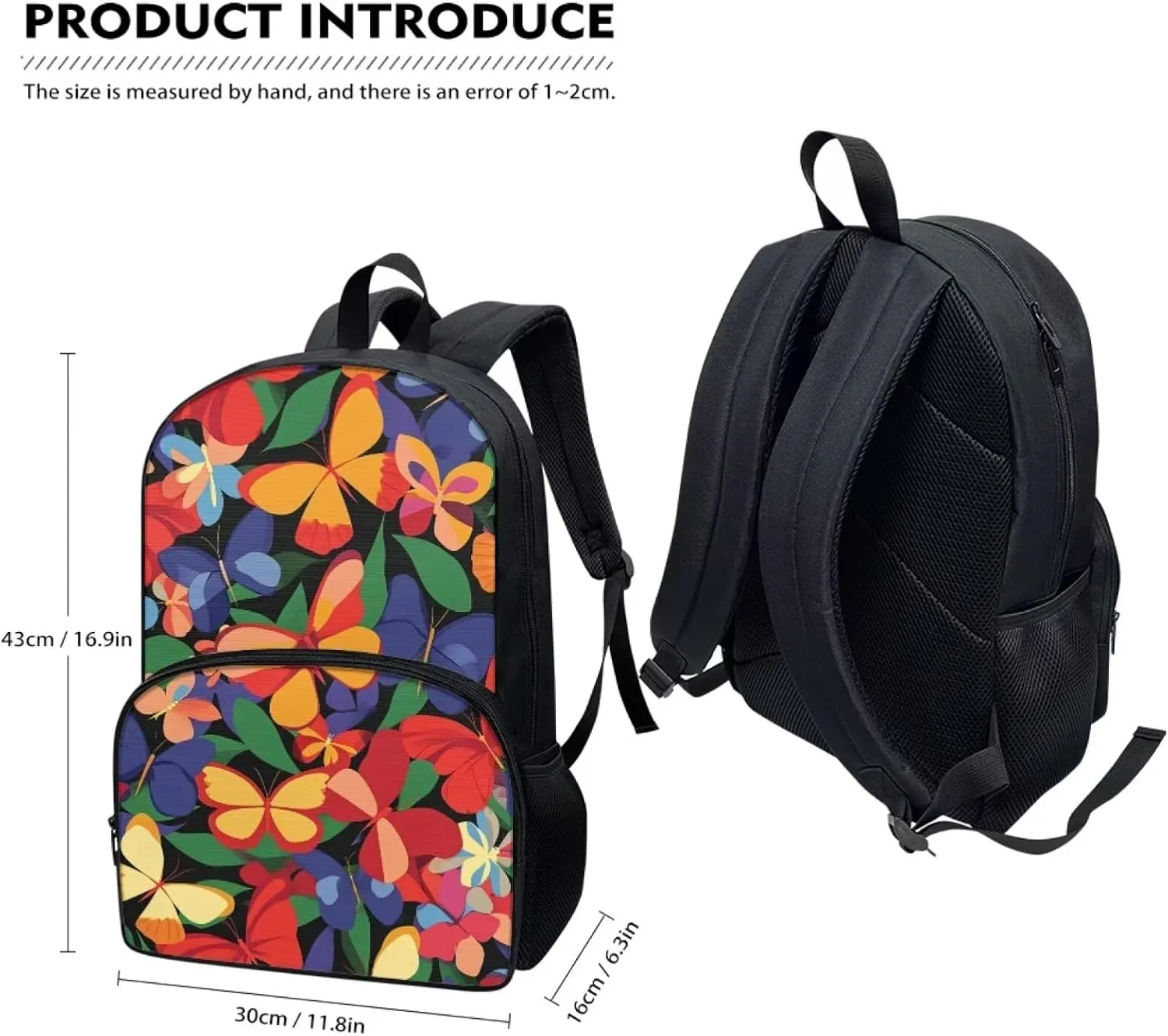 Modysero Butterfly Boys Girls Backpack for School Lightweight Daypack with Mesh Pockets Adjustable Shoulder Strap Stylish Print Schoolbag for Kids