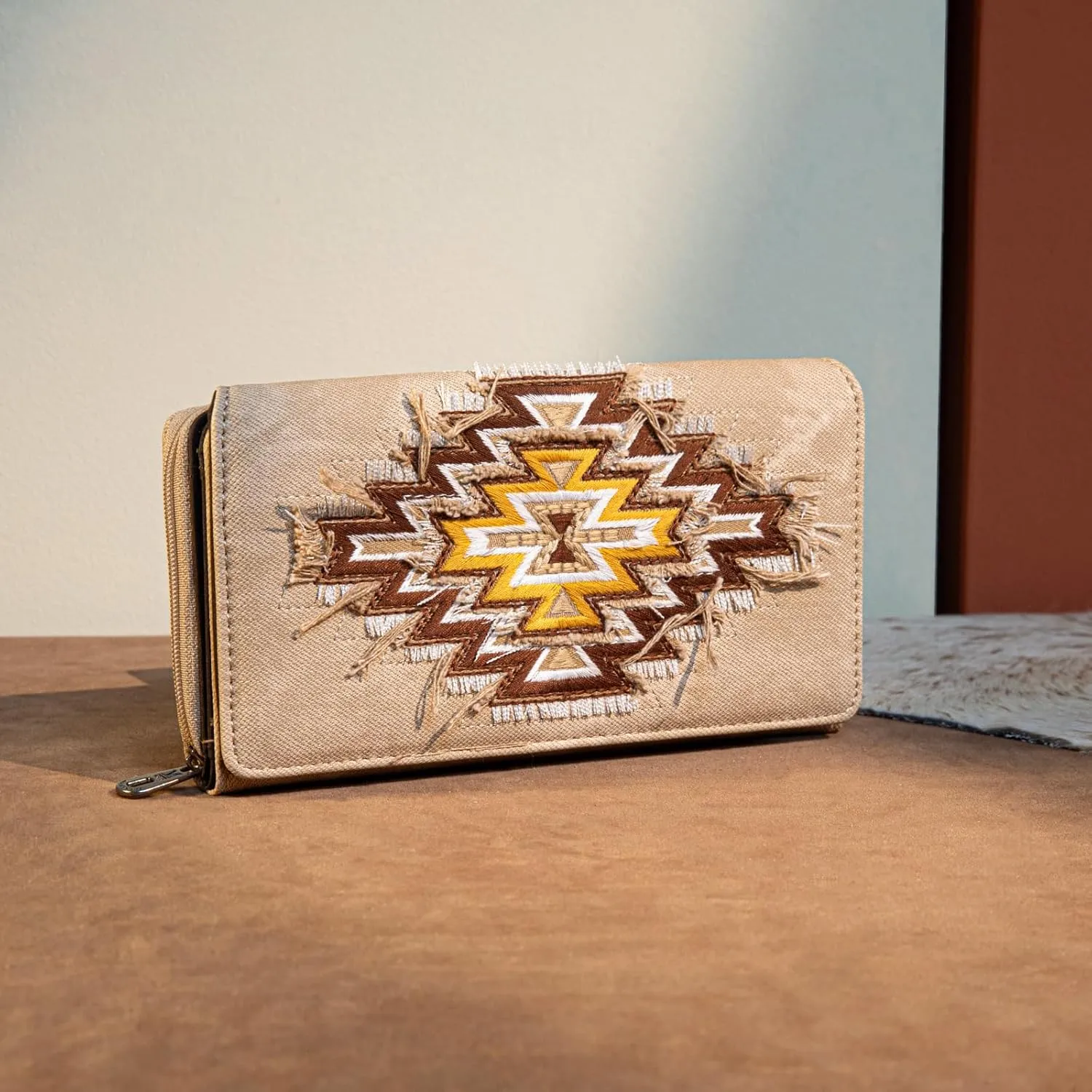Montana West Embroidered Aztec Wallet for Women Western Denim Clutch Long Bifold Purse with Card Holder