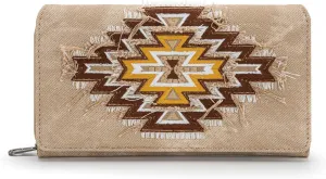 Montana West Embroidered Aztec Wallet for Women Western Denim Clutch Long Bifold Purse with Card Holder