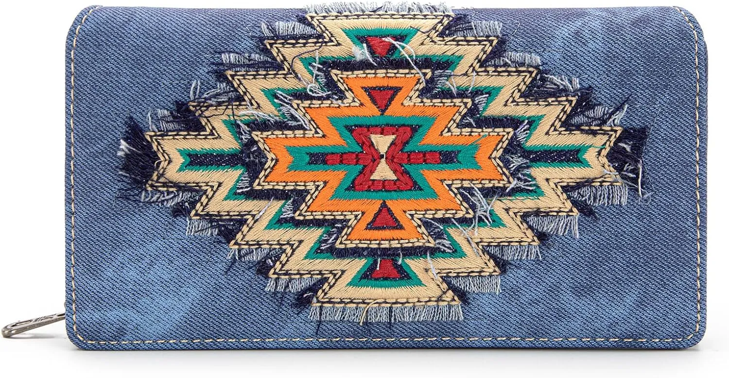 Montana West Embroidered Aztec Wallet for Women Western Denim Clutch Long Bifold Purse with Card Holder