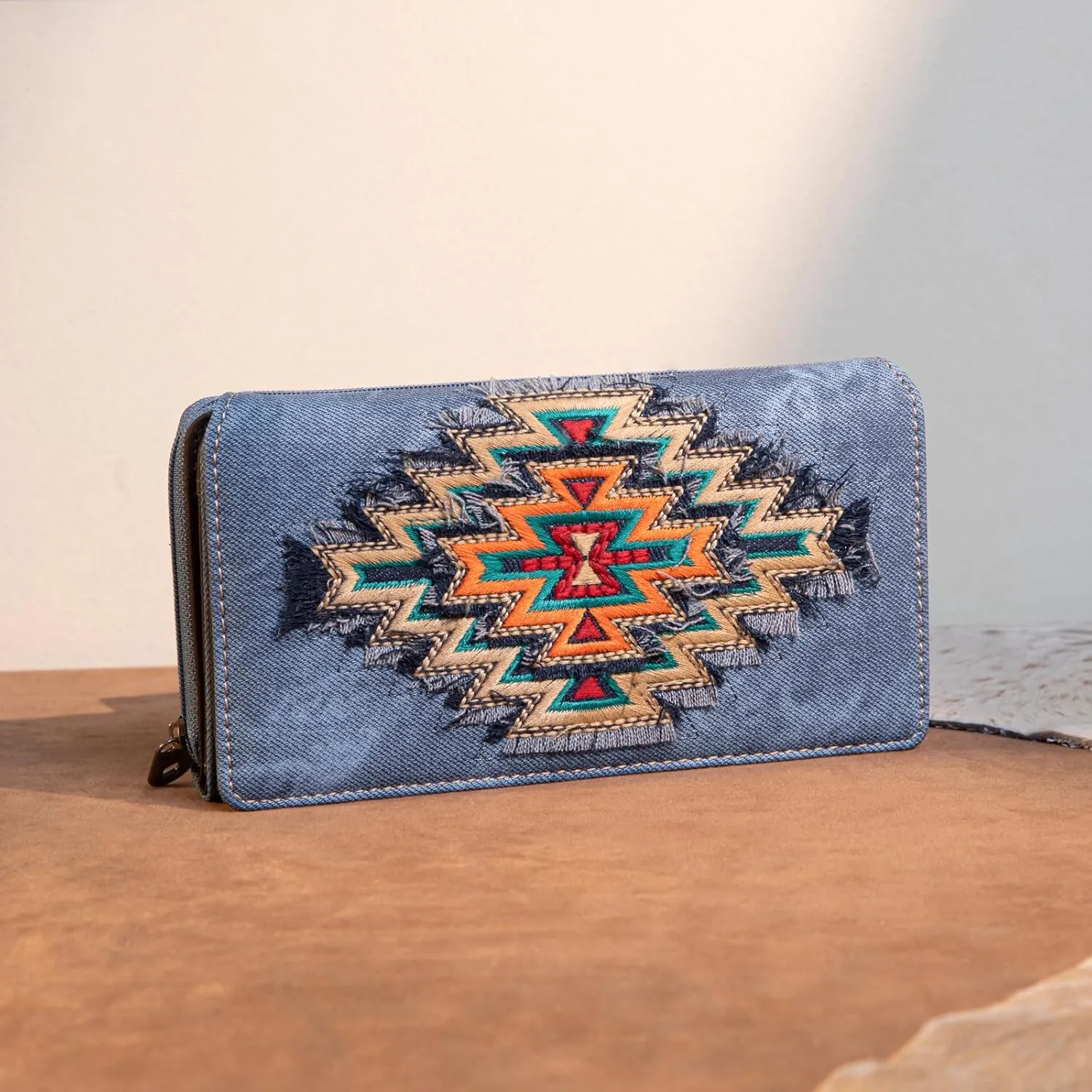 Montana West Embroidered Aztec Wallet for Women Western Denim Clutch Long Bifold Purse with Card Holder