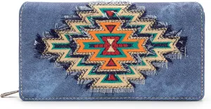 Montana West Embroidered Aztec Wallet for Women Western Denim Clutch Long Bifold Purse with Card Holder