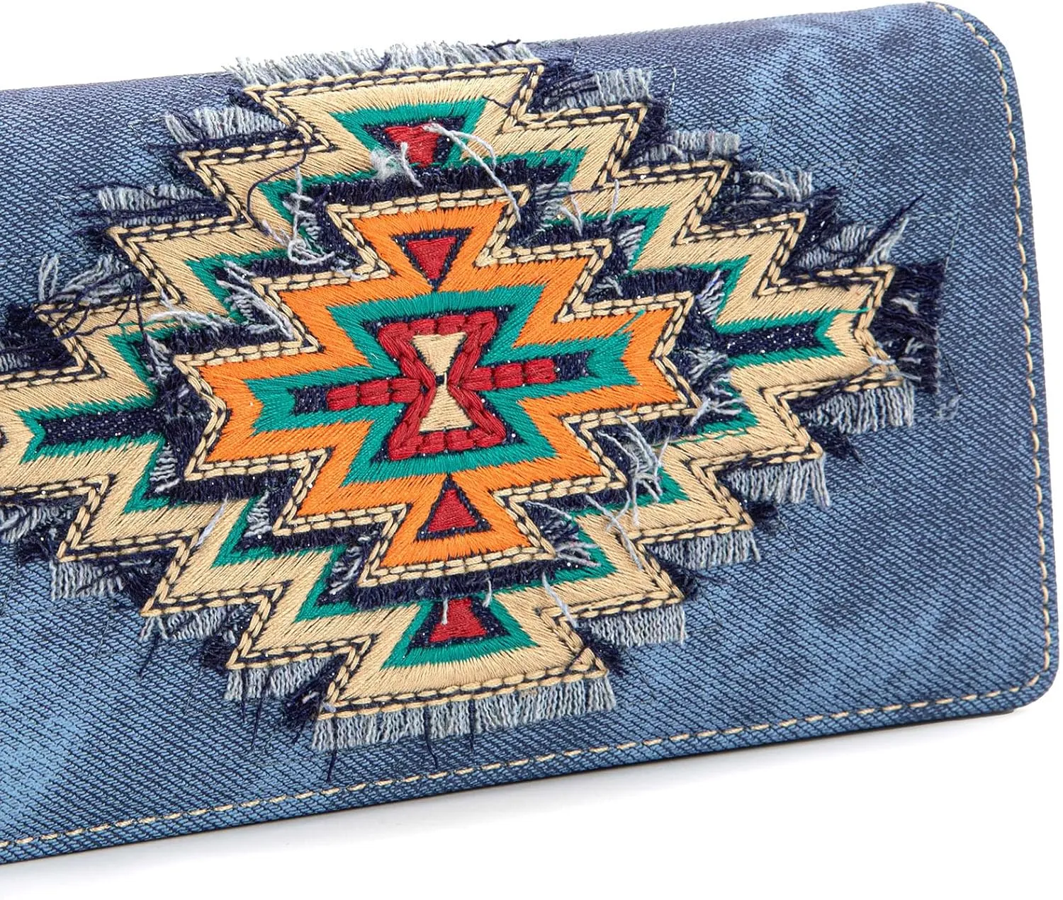 Montana West Embroidered Aztec Wallet for Women Western Denim Clutch Long Bifold Purse with Card Holder