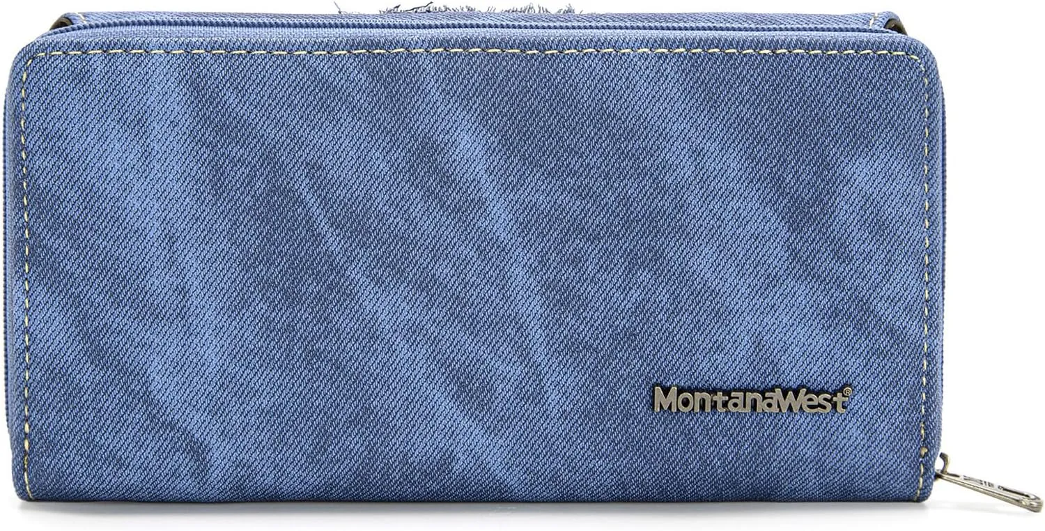 Montana West Embroidered Aztec Wallet for Women Western Denim Clutch Long Bifold Purse with Card Holder