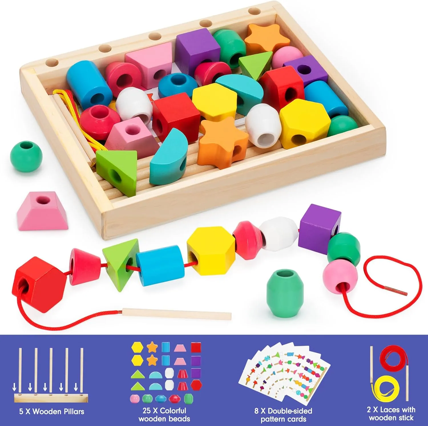 Montessori Wooden Lacing Beads Toys for 2 3 4 Year Old Toddler Kids, Sequencing & Stacking Block Toy with Storage Box, STEM Preschool Learning Toys, Christmas Birthday Gifts for Boys Girls