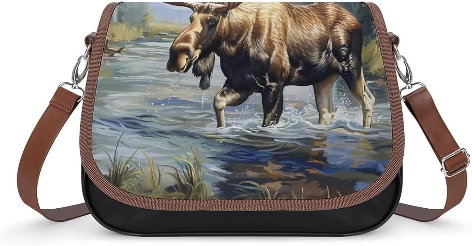 Moose in River Crossbody Bags for Women Fashion Purse Shoulder Bag Handbags with Adjustable Strap