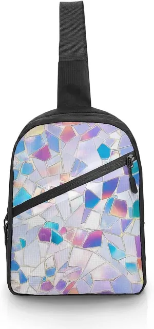Mosaic Glass Shards Iridescent Chest Bag Foldable Crossbody Unisex Pack Travel Hiking Adjustable Shoulder Straps Sling Bags