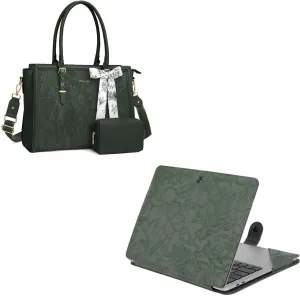 MOSISO Embossed Retro Hibiscus PU Leather Portfolio Protective Stand Cover&Laptop Tote Bag, 17-17.3 inch PU Leather Embossed Retro Hibiscus Computer Bag with Silk Scarf&Clutch Purse, Emerald Green
