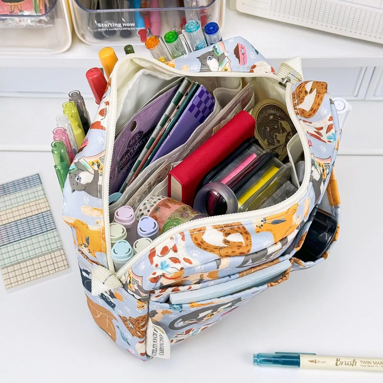 Multi-functional Portfolio Organizer, Waterproof Travel Pouch Zippered Case, Journal Supplies Storage Case for Notebooks,Make-up, Office Supplies.Blue Cat