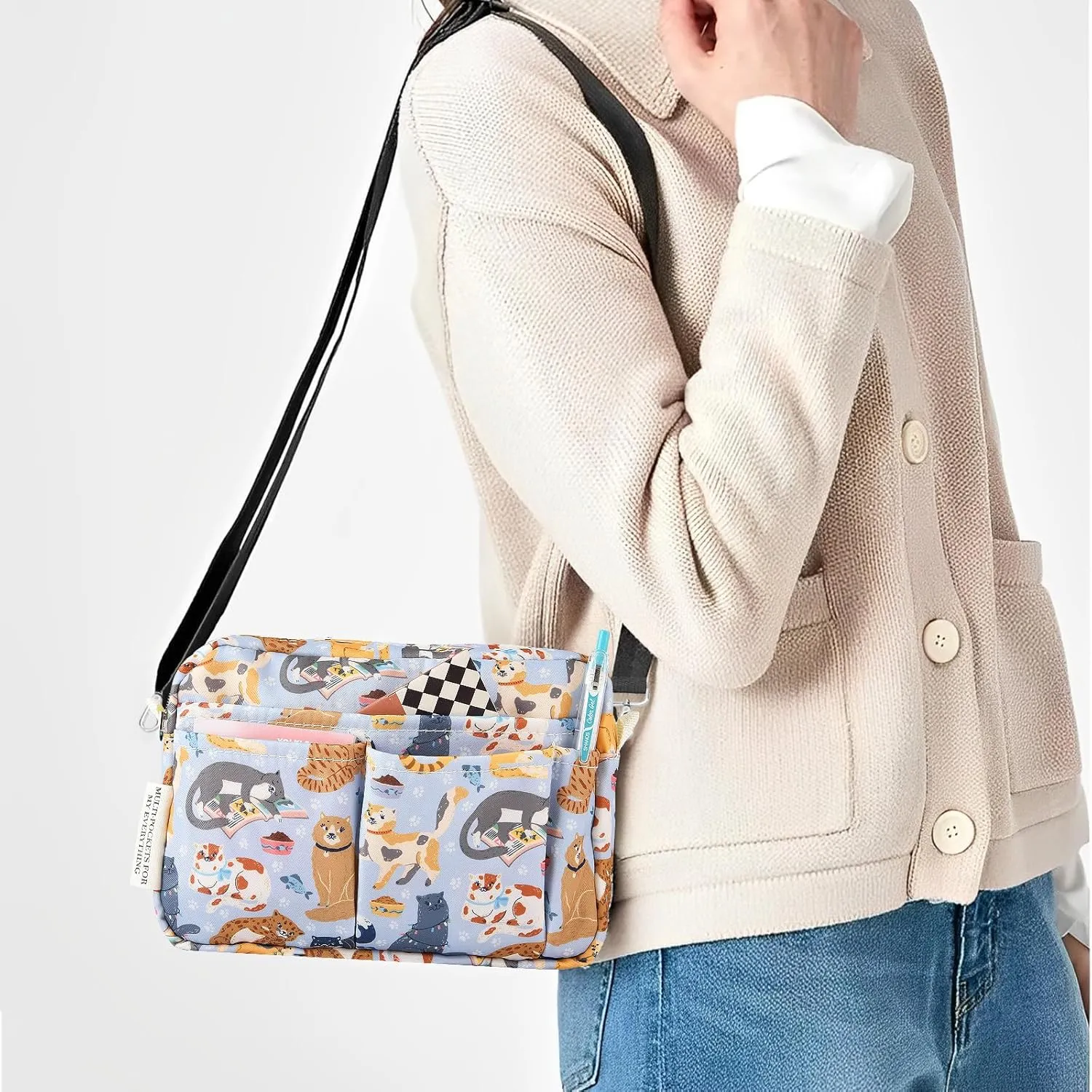 Multi-functional Portfolio Organizer, Waterproof Travel Pouch Zippered Case, Journal Supplies Storage Case for Notebooks,Make-up, Office Supplies.Blue Cat