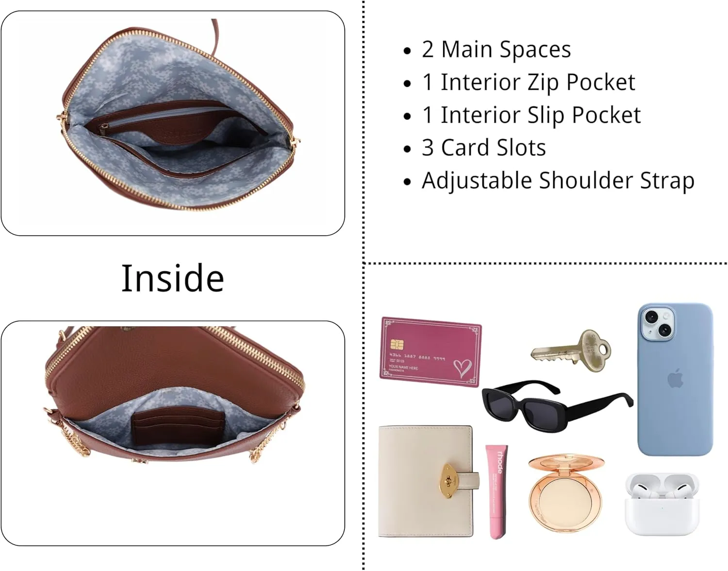 Multicompartment Crossbody Bag with Flap Closure, Adjustable Strap, Interior Zipper Pocket, 3 Card Slots
