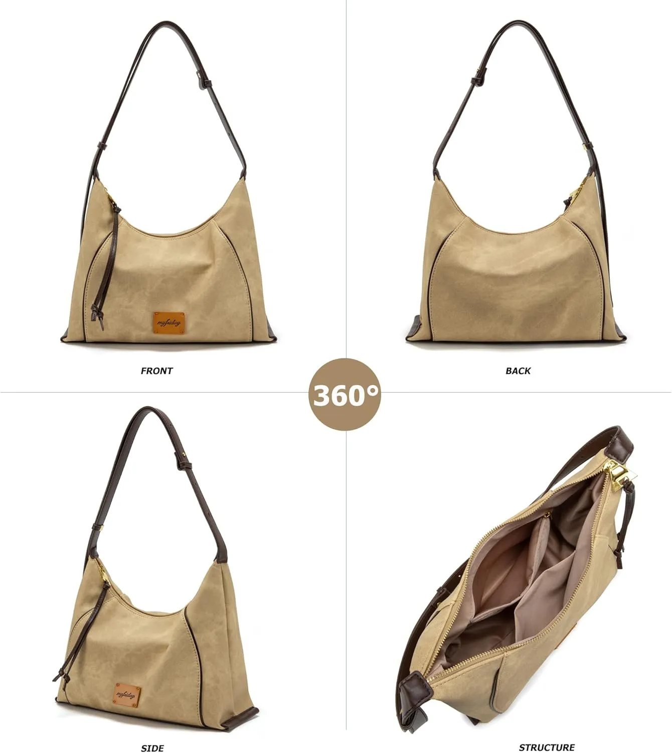myfriday Casual Leather Hobo Bag for Women Lightweight Crossbody Tote Handbag with Distressed Finish