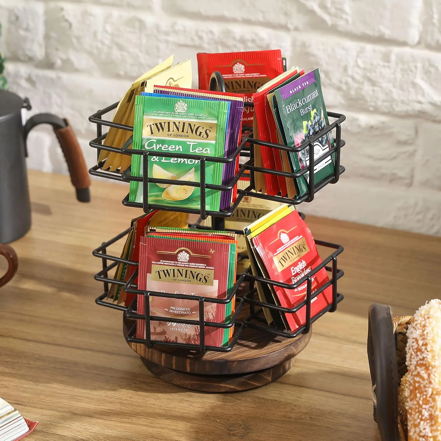 MyGift 8 Compartment Tea Bag Organizer Carousel, Black Metal Wire Packet Holder and 360 Degree Spinning Burnt Solid Wood Base, Coffee Station Storage Caddy