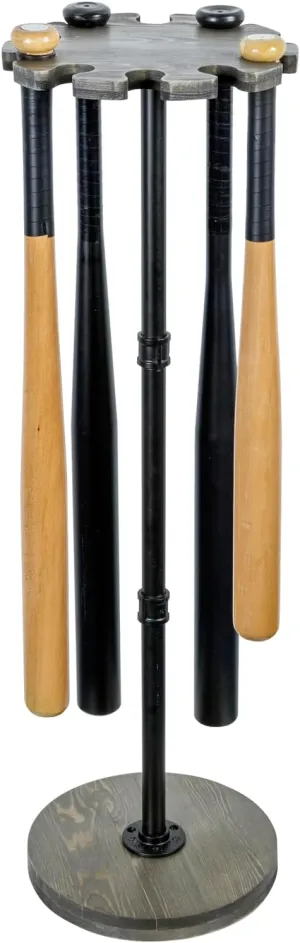 MyGift Freestanding Baseball Bat Rack, Vintage Weathered Gray Solid Wood and Industrial Matte Black Metal Pipe Softball Equipment Holder Display Stand, Holds 10 Bats
