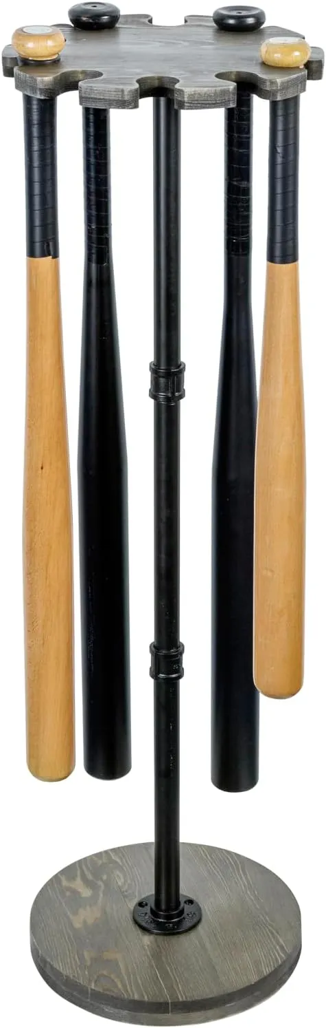 MyGift Freestanding Baseball Bat Rack, Vintage Weathered Gray Solid Wood and Industrial Matte Black Metal Pipe Softball Equipment Holder Display Stand, Holds 10 Bats