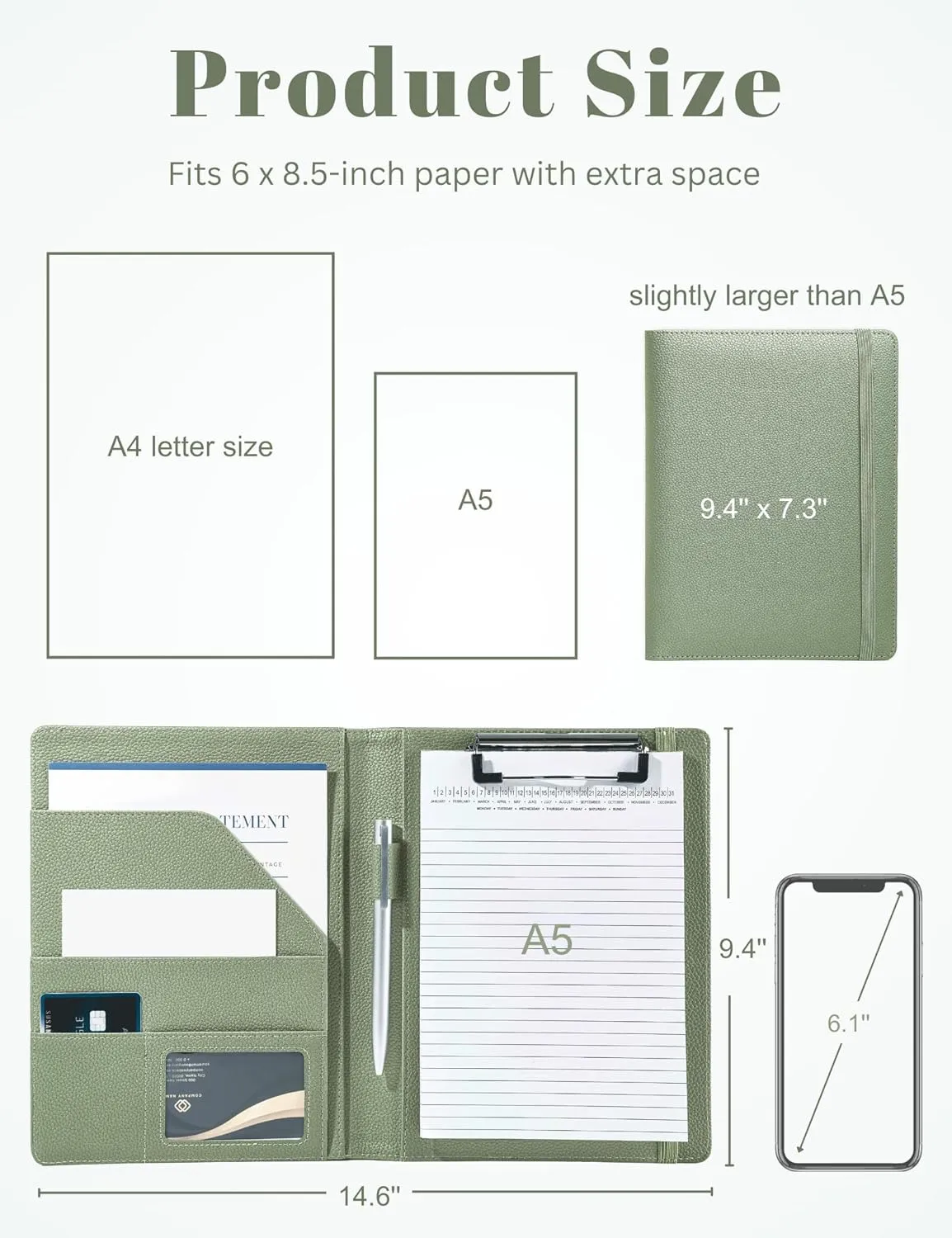 Mymazn Junior Padfolio Portfolio Folder, Small A5 Clipboard with Cover for 5'' x 8'' Writing Pad Notepad Holder Legal Pad Holder for Business School Office Men Women (Sage Green)