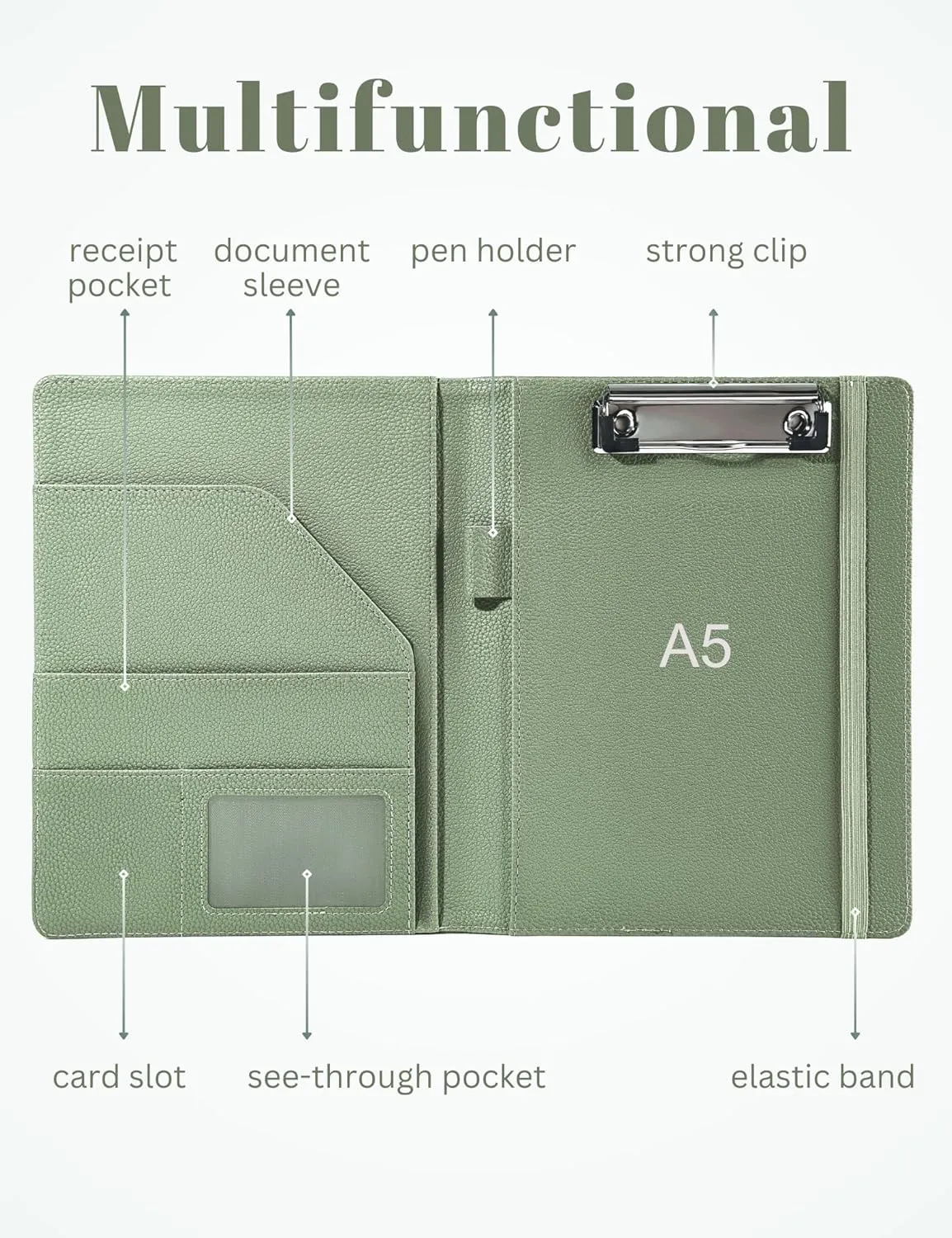 Mymazn Junior Padfolio Portfolio Folder, Small A5 Clipboard with Cover for 5'' x 8'' Writing Pad Notepad Holder Legal Pad Holder for Business School Office Men Women (Sage Green)