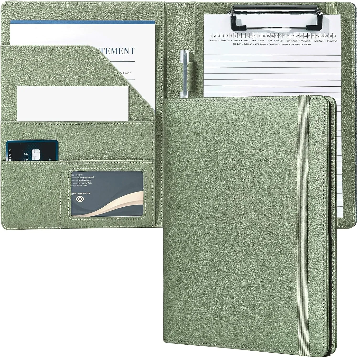 Mymazn Junior Padfolio Portfolio Folder, Small A5 Clipboard with Cover for 5'' x 8'' Writing Pad Notepad Holder Legal Pad Holder for Business School Office Men Women (Sage Green)