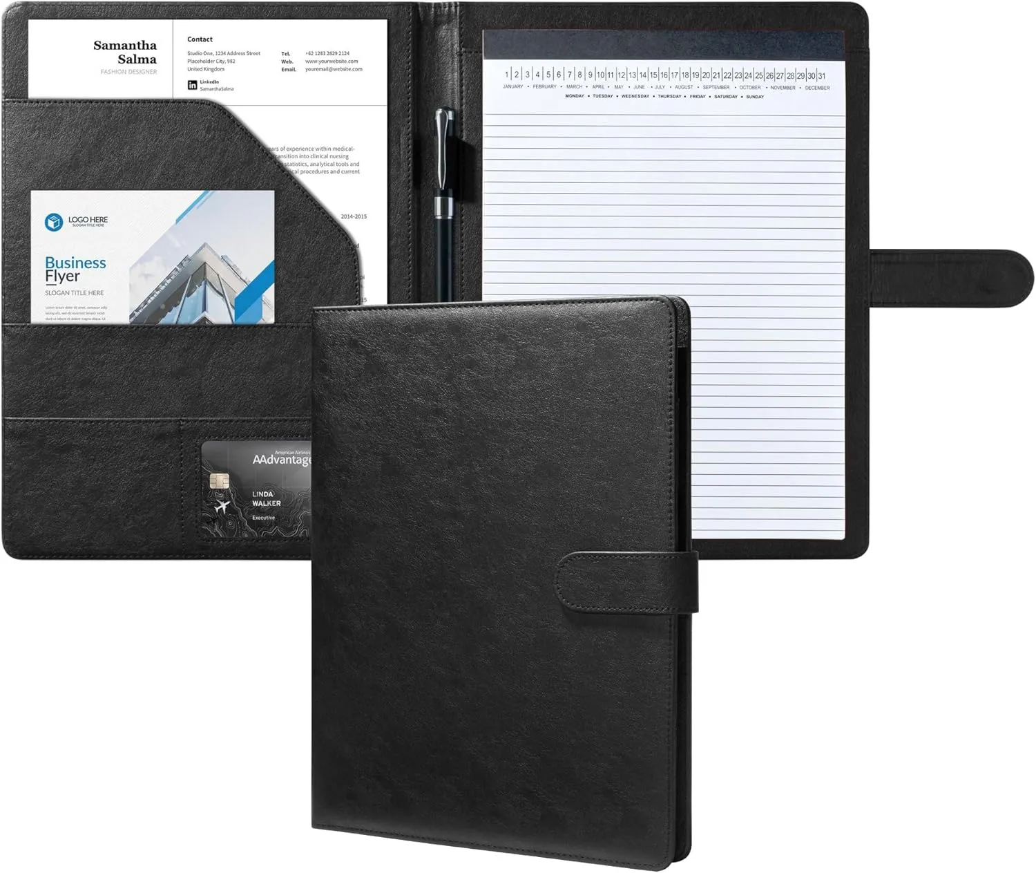 Mymazn Padfolio Portfolio Folder, Faux Leather Interview Resume Folder with Document Organizer & Business Card Holder, Letter-Sized Notepad Legal Pad Holder for Men Women (Black)