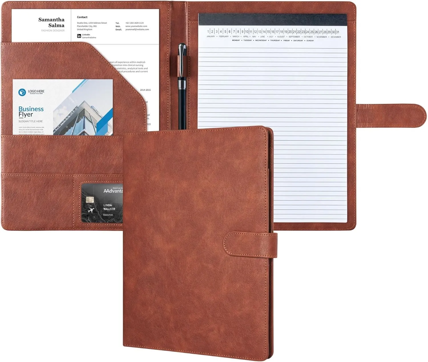 Mymazn Padfolio Portfolio Folder, Faux Leather Interview Resume Folder with Document Organizer & Business Card Holder, Letter-Sized Notepad Legal Pad Holder for Men Women (Dark Brown)