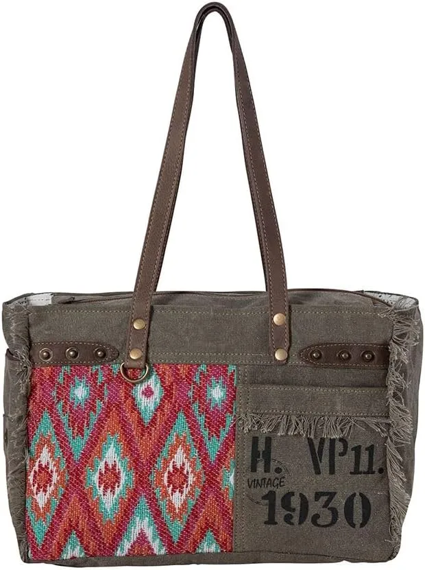 Myra Bag Western Canvas Tote Bag for Women, Upcycled Leather Shoulder Weekender Bag - High Trails