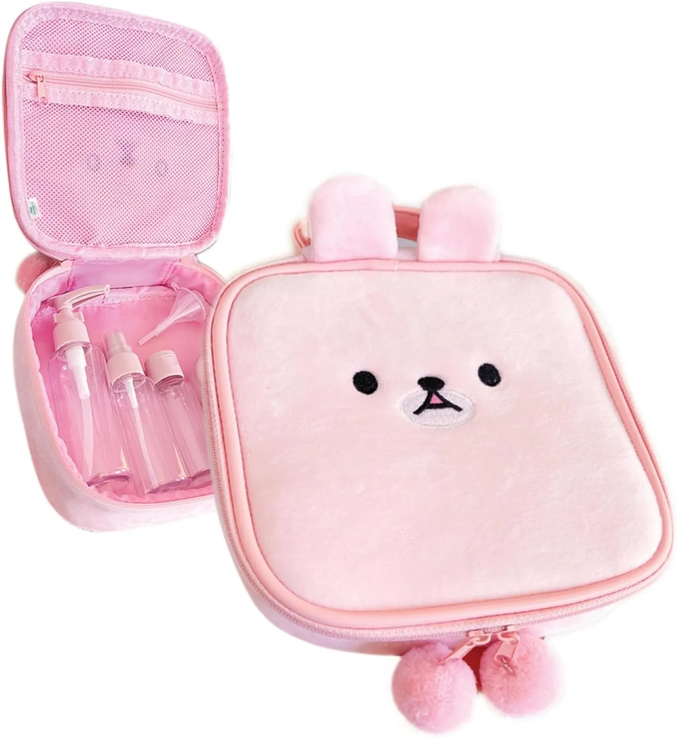 na1 Cute Kawaii Plush Makeup/Cosmetic Bag With Inner Pocket and Handle and Zipper Closure for Convenient Travel and Portability, Soft Velvet Texture, For Women and Girls (Pink Bunny)