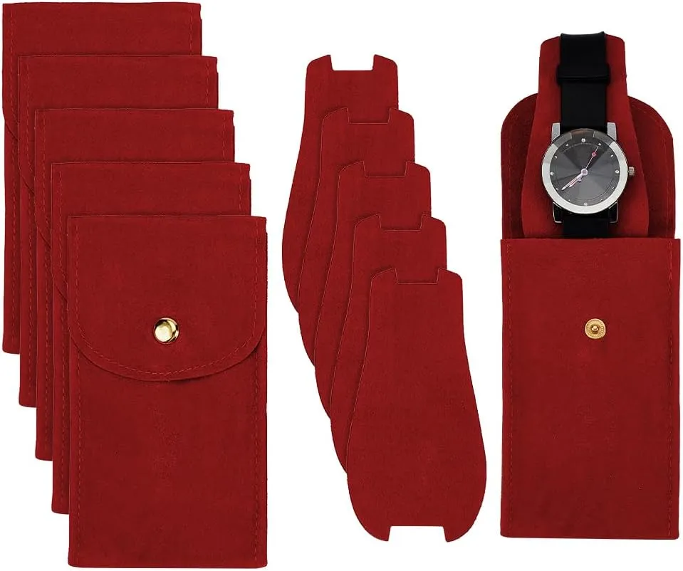 NBEADS 6 Pcs Velvet Watch Pouch, Portable Single Watch Travel Bag with Insert Red Watch Storage Bag Luxury Gift Bag with Snap Button for Jewelry Watch Organizer 5.12x2.76x0.18 Inch