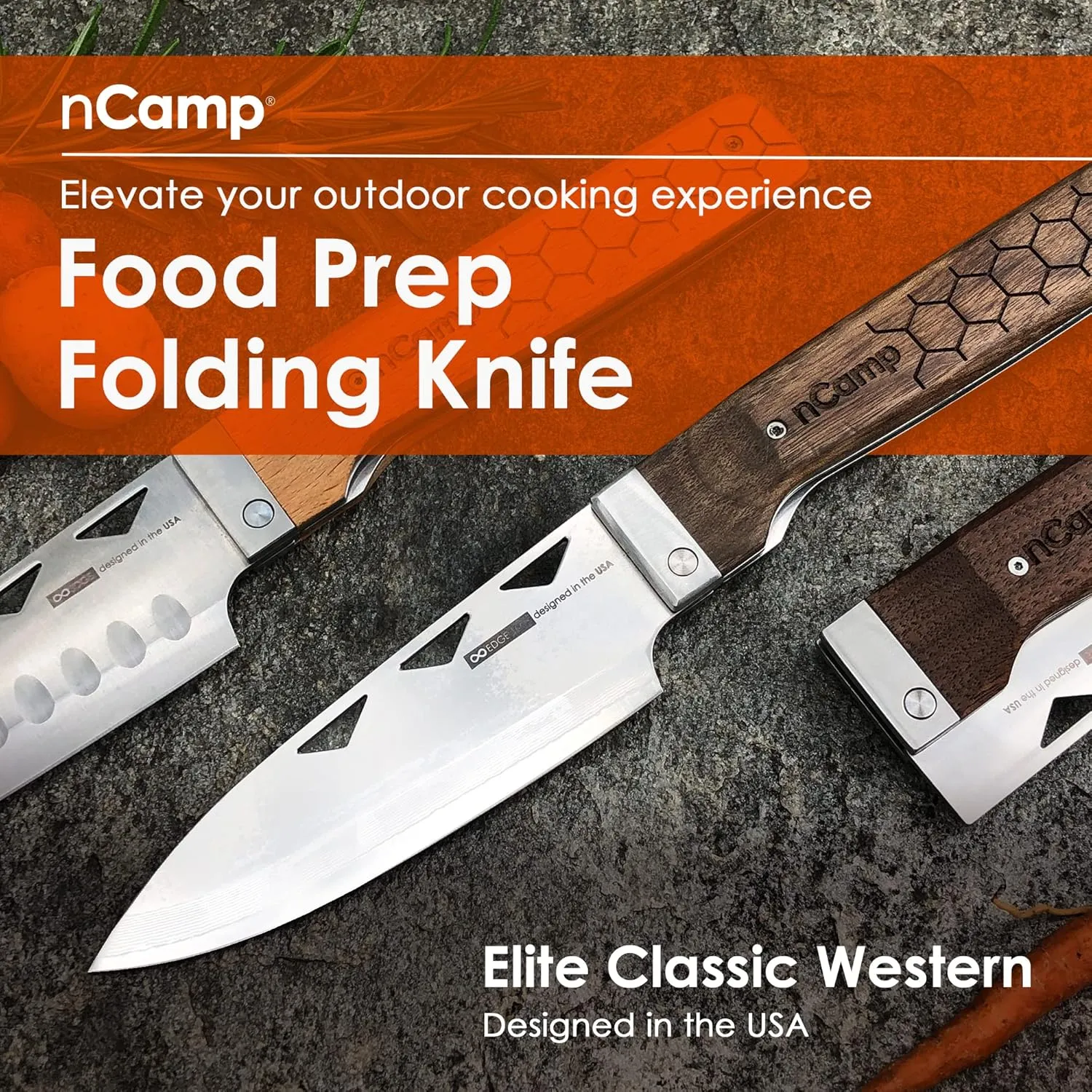 nCamp Food Prep Folding Knife - Elite Chef Knife, Classic Western Utility, Outdoor Cooking Knife with 10Cr15MoV Damascus Steel Blade, beautiful tough walnut handle for a comfortable secure grip