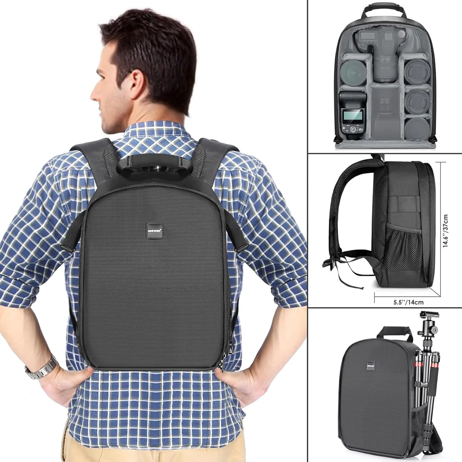 Neewer Camera Bag Water Resistant Shockproof Partition 11.8x5.5x14.6 in /30x14x37 cm Protection Backpack for SLR, DSLR, Mirrorless Camera, Lens, Battery, and Other Accessories (Gray Interior)