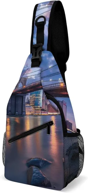 New York City Brooklyn Bridge Manhattan Sling Bag Casual Chest Bag Daypack Crossbody Fanny Pack Cross Body Bag for Outdoors Hiking Traveling