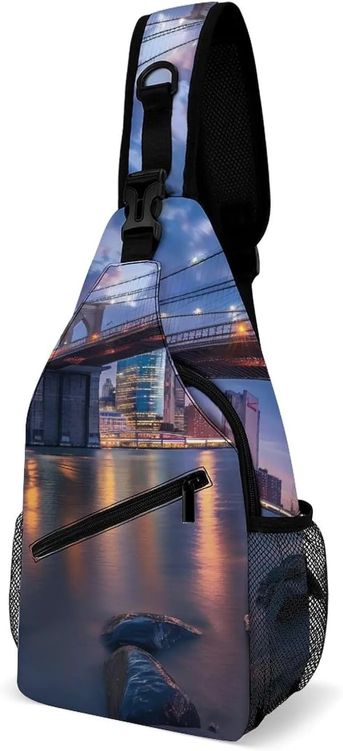 New York City Brooklyn Bridge Manhattan Sling Bag Casual Chest Bag Daypack Crossbody Fanny Pack Cross Body Bag for Outdoors Hiking Traveling
