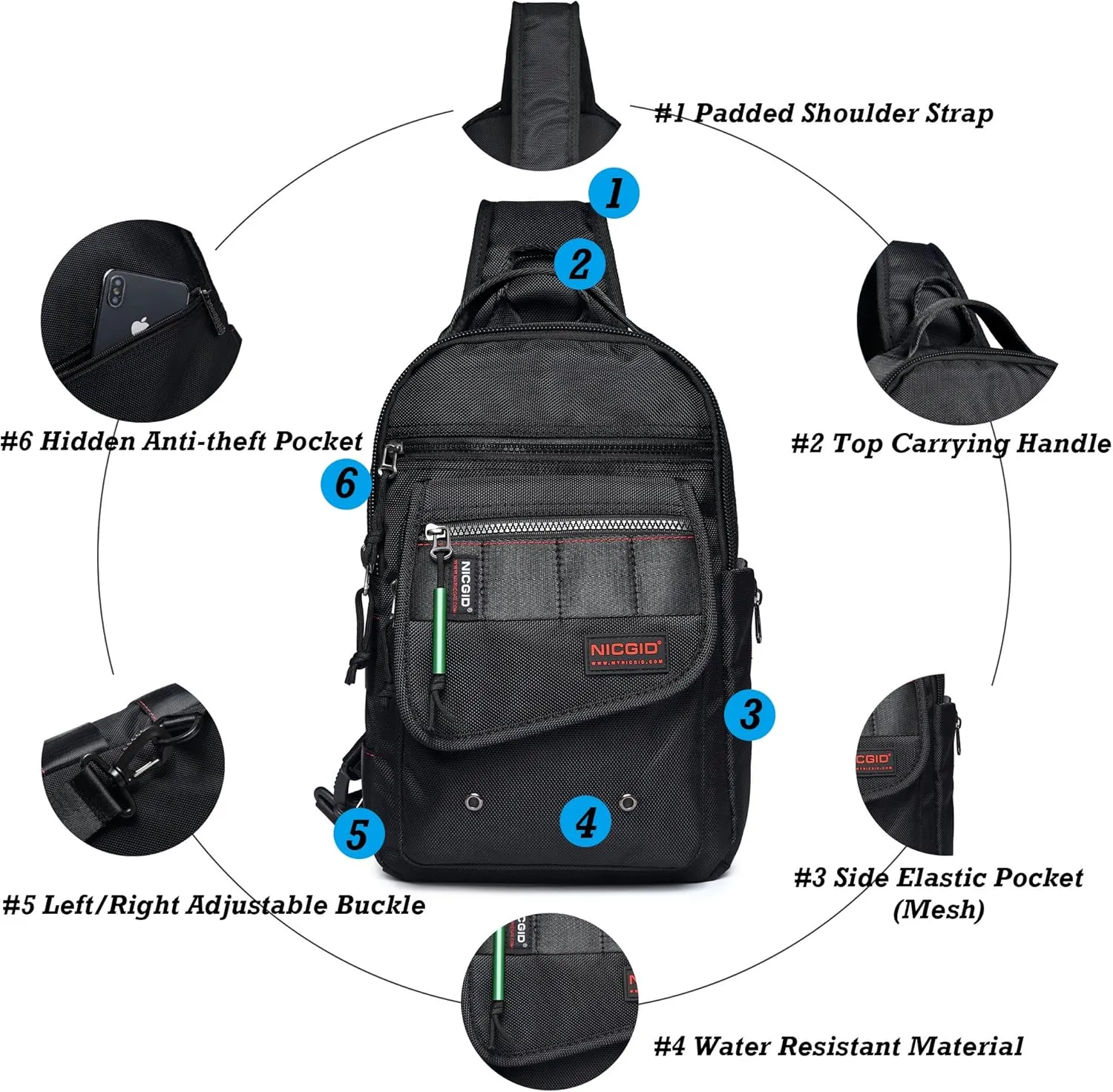 NICGID Sling Bags, Chest Shoulder Backpacks Crossbody Purse Outdoor Chest Bag Travel Backpack for Men Women