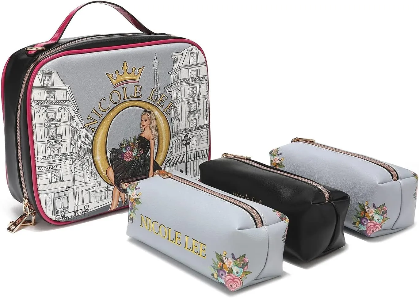 Nicole Lee Travel Handbag Crossbody Set with 3 Fashion Print Makeup Pouches, Women's Cosmetic Toiletry Organizer (Dreaming the City)